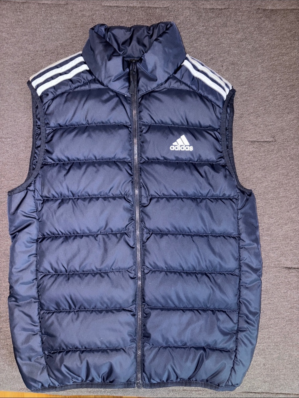 adidas Navy Quilted Puffer Vest with White Shoulder Stripes